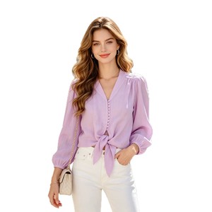 Blusa Ligera y Transpirable con Cuello en V y Protección Solar para Mujer, Estilo Francés, Cierre de un Solo Botón y Cintura Ajustable, Top Elegante - Product Image 4