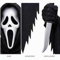 Ensemble de costume d'Halloween : Masque blanc de tueur, Robe noire à capuche pour adulte avec ourlet dentelé, Masque de visage de fantôme d'horreur, Gants et Couteau (accessoires)