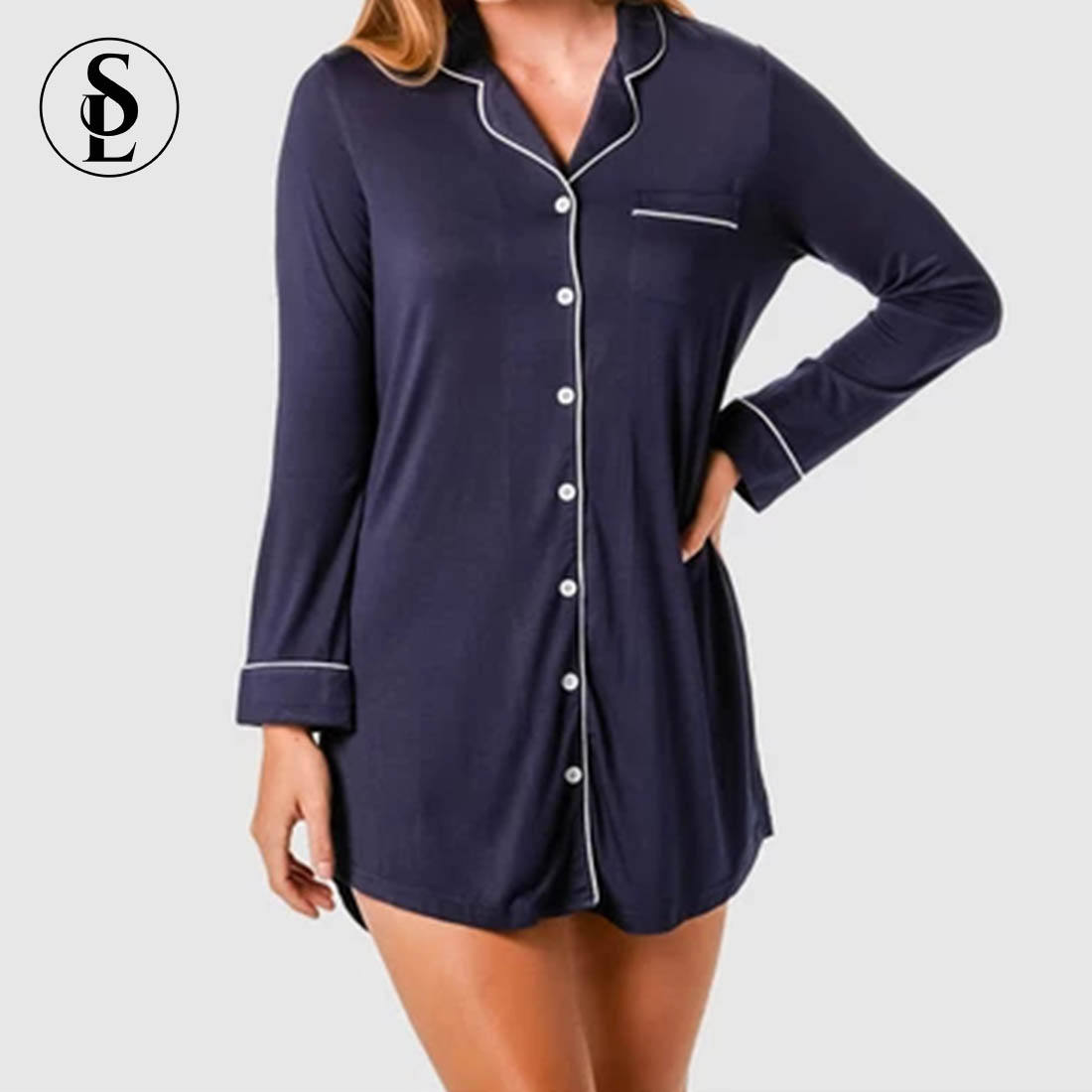 Button Down Night Dress Long Sleeve Sleep Shirts with Front Pocket Night Dresses for Woman