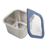 Boîte alimentaire rectangulaire en acier inoxydable avec couvercle en plastique bleu, hermétique, à compartiment unique, compatible micro-ondes