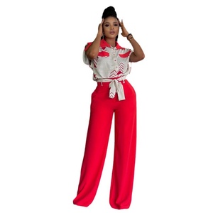 2024 Summer New Fashion Casual Suit for European American Women Lapel Short Sleeve Shirt Wide Strap <b>Pants</b> Woven Solid Pattern - Product Image 2