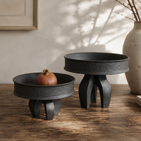 Plateau rond en céramique noire avec base sculpturale sur pieds, plateau décoratif pour la décoration de table et de la maison