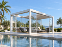 Pergola moderne en aluminium avec bandes LED, toit à lames motorisées, revêtement en poudre, pour piscine, design paysager de villa de luxe