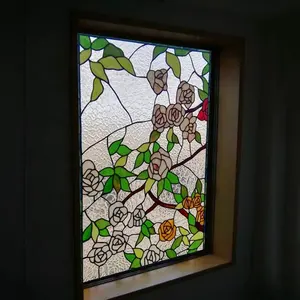 Customized Country Style Rose Design Iron Chain Tiffany Stained Cut Glass Window Panel Hanging For Wall And Window