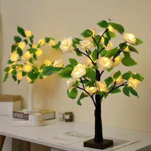 Lampu Pohon Mawar LED 24 LED, Lampu Meja Bunga LED Mawar Putih Hangat DIY Cahaya Pohon Bunga Romantis Hadiah Natal untuk Anak Perempuan Wanita