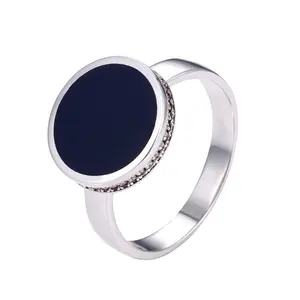 2022 Saudi Arabia Round Agate Mens Ring Black/ Blue enamel Mens Rings 925 Sterling Silver Ring With Small White CZ Stone