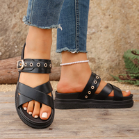 Sandales à plateforme à brides croisées et boucle dorée pour femme, à bout ouvert, à enfiler, pour les vacances, la plage, l'été, tenue décontractée