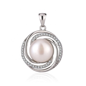 Collier pendentif en perle d'eau douce naturelle de luxe, chaîne à maillons plaquée or S925, CZ scintillant en vortex circulaire de 9,5-10 mm, KAMMY - Product Image 1