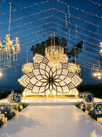 Backdrop Pernikahan Lengkung PVC Putih Emas 8*10 kaki dengan Sabuk Lampu LED untuk Dekorasi Pernikahan dan Pesta