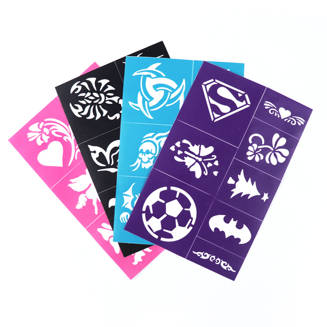 GP Stock Wholesale Price Self-adhesive Reusable PVC Tattoo Stencil Set 4pcs 4 Colors Opp Bag Body Art Sticker