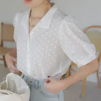 Chemises à manches courtes pour femmes, couleur unie, style coréen, streetwear élégant, col en V, chemisiers en mousseline pour femmes.