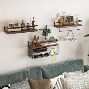 Modern Style Wall-Mounted Bathroom Shelf with Metal Frame and Wooden Storage Rack Includes Towel Bar and Storage Basket - Product Image 3