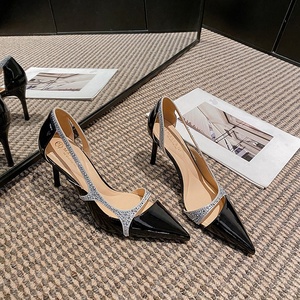 Women's 2026 Spring Summer Stiletto <b>Heel</b> 8cm Rhinestone Pointed Toe Solid Sheepskin Patent Leather Breathable Pumps - Product Image 5