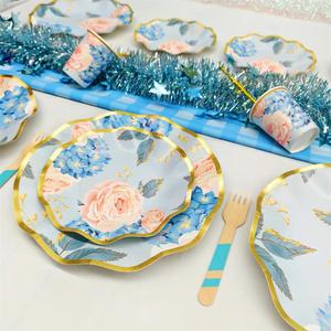 DAMAI Flower Tea Party Macaron Blue Girls Birthday <b>Disposable</b> Premium Party <b>Tableware</b> Dinnerware Paper Cups Napkins Plates - Product Image 4