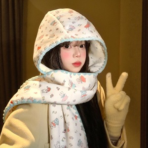 Cute Bunny Double Sided Hat And Scarf Women Autumn Winter Hooded Neck Warmer Keep Warm Balaclava Hat - Product Image 1