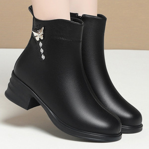 Xuanhui Fashion <strong>Burgundy</strong> Leather 4cm Low Block Heel Butterfly Ornament Fur Lined Side Zipper Ankle <strong>Boots</strong> for <strong>Women</strong> - Product Image 4