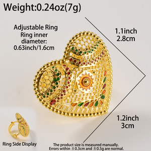 Anillo Zeadear de cobre chapado en oro de 18k, ajustable, con filigrana de corazón, diseño calado, con circonitas coloridas, estilo Dubái, marroquí, vintage, de lujo, para mujer, venta al por mayor - Product Image 6