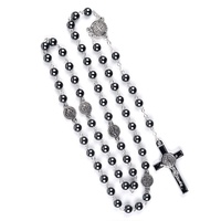 Chapelet en hématite, perles en pierre naturelle, médailles de Saint Benoît, chapelet noir pour hommes, acier inoxydable, chapelets catholiques