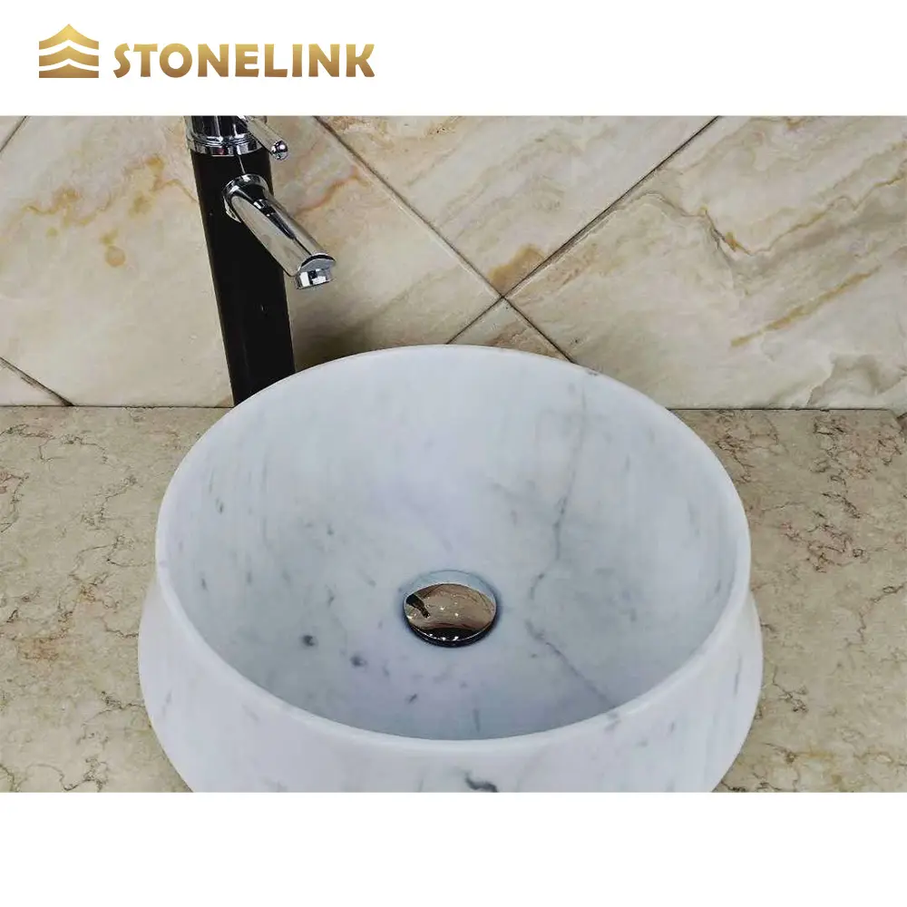 Lavabo con forma redonda de piedra Natural, moderno lavabo de baño de Carrara, mármol blanco