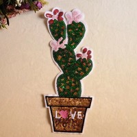 Grande broderie de cactus en pot à sequins, motif floral Cœur LOVE, plante du désert, applique à sequins pour veste, robe, sac à dos