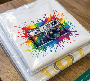 Film de transfert DTF en gros, motif appareil photo rétro vintage avec soufflet métallique doré, pour équipement photographique et conception de presse à chaud pour vêtements personnalisés - Product Image 2