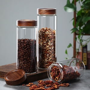 <span class=keywords><strong>Tarro</strong></span> de almacenamiento de especias de vidrio de grado alimenticio para cocina con forma de cilindro transparente personalizado alto borosilicato hermético Acacia té café azúcar sal - Product Image 1