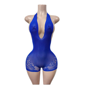 Jiubaju Tuta Aderente Sexy in <span class=keywords><strong>Pizzo</strong></span> Trasparente 2026 Nuova Moda con Scollo a V Profondo e Halter, Tuta Intera con Schiena Scoperta per Feste Notturne e Club - Product Image 4
