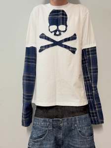 Sweat-shirt en coton personnalisé pour homme, imprimé à carreaux, avec appliqué tête de mort brodé, impression numérique, double couche, manches longues - Product Image 2