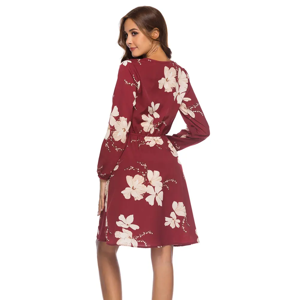 새로운 꽃 쉬폰 드레스 크루 넥 긴 소매 연꽃 잎 탄성 높은 허리 중반 길이 a 라인 세련된 여성 드레스
