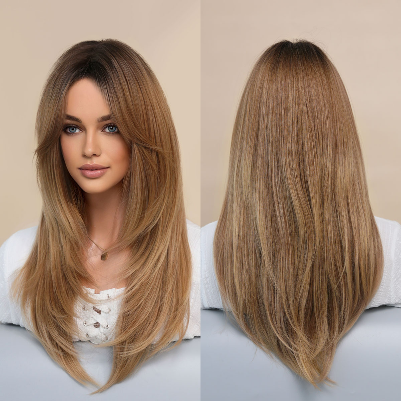 Long Straight Wigs with Curtain Bangs,brown Ombre Layered Wig for Women  Synthetic High Density Heat Resistant Light Brown Hair