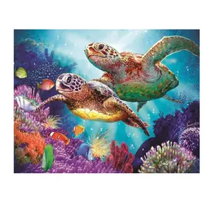 ภาพวาดเพชร5d รูปเต่าทะเลและปลาว่ายน้ำในทะเลสีโดยการตกแต่งบ้านเย็บปักถักร้อยโดยตัวเลขศิลปะบนผนัง