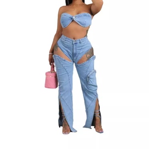 Washed <b>Stretch</b> Denim Split Zipper 3D Pocket <b>Wrap</b> Chest Sexy Top Pants 2 Piece Set Fashion - Product Image 6