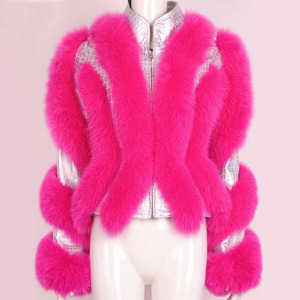 Designer Striped Fox Fur Decor Sheepskin Jacket <strong>Women</strong> Stand Collar Cropped Luxury Genuine Leather Autumn Coat - Product Image 3