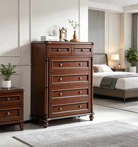 Commode traditionnelle en bois massif avec 5 tiroirs, meuble de rangement antique pour chambre à coucher, décoration intérieure - Product Image 1