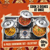Batterie de cuisine moderne de base en acier inoxydable 6 pièces, comprenant des casseroles lisses de 16, 18 et 20 cm avec couvercles, compatibles induction, légères et écologiques