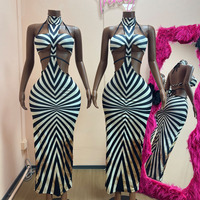 Ensemble 2 pièces pour femme : Robe dos nu sans manches style licou et soutien-gorge bandeau, imprimé rayé, pour la plage et les vacances