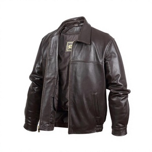 Men's <b>Genuine</b> <b>Leather</b> <b>Jacket</b> Turn-down Collar Moto Biker Style Autumn Solid Color Regular Fit Zipper Closure - Product Image 1