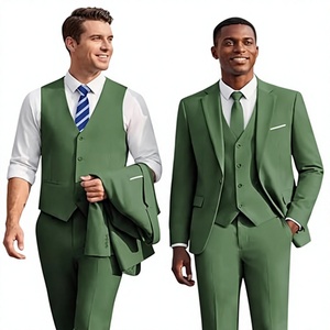 Traje de 3 Piezas para Hombre, Estilo Británico, Verde, Viscosa/Poliéster, Blazer, Chaleco y Pantalones, Cierre de un Botón, Antiarrugas, para Negocios y Bodas - Product Image 1