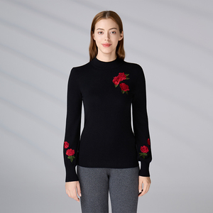 ผู้ผลิตเสื้อถักลายดอกแจ็คการ์ดแขนยาว เสื้อสเวตเตอร์คอกลมลำลองสำหรับผู้หญิงสำหรับฤดูหนาวแบบสั่งทำ - Product Image 3