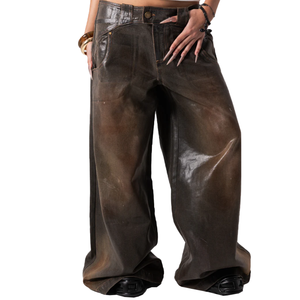 Pantalones vaqueros anchos de cintura baja para mujer con logo personalizado al por mayor, acabado brillante marrón degradado vintage, pantalones holgados con revestimiento de cera - Product Image 1