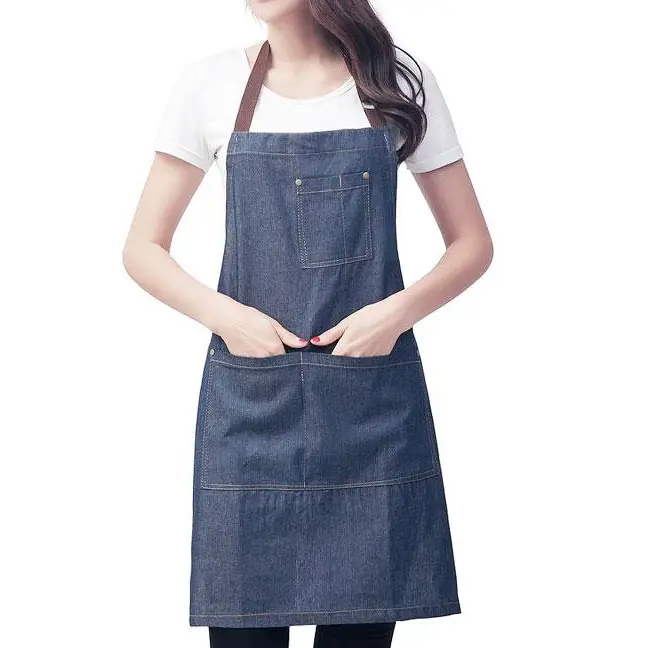 Customized new design Long Ties Adjustable Tall Bib Apron Denim Apron with Pockets for Chef Kitchen BBQ