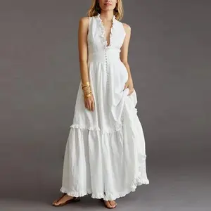 Maxi vestido longo sem mangas feminino, plissado gola em v para verão de 2023 de algodão elegante com botão casual 100%