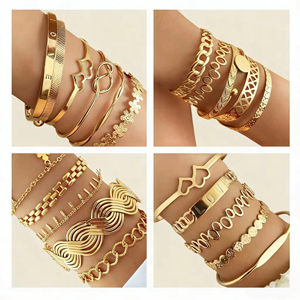 New Fashion 6pcs Gold Metal Geometric <b>Love</b> Letter Heart Tennis Open Charm Bangle Bracelet Set for Women Jewelry Punk Style - Product Image 2