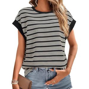 Camiseta de punto a rayas de manga corta para mujer, personalizada, informal, con cuello redondo, holgada, a la moda, para primavera - Product Image 1