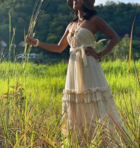 <span class=keywords><strong>Abito</strong></span> Boho per Servizio Fotografico, Vestito Lungo in Cotone <span class=keywords><strong>Bianco</strong></span> <span class=keywords><strong>Sexy</strong></span> con Schiena Scoperta e Allacciatura al Collo per Vacanze - Product Image 4