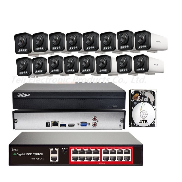 High Quality 16 Network Camera Kit 4K Dual Light Source Night Vision Audio Dahua 16 Ch NVR 4TB CMOS Wide Angle CCTV POE System