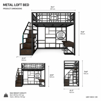 Lit mezzanine double en métal de style américain avec garde-corps robuste, escalier de sécurité et poste de travail sous le lit – Qualité supérieure pour bureau à domicile