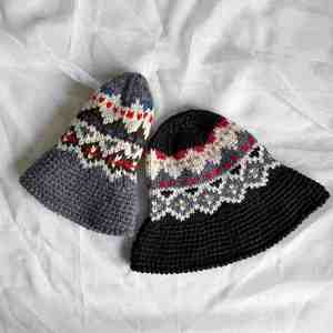 หมวกถักลายแจ็คการ์ดสไตล์เกาหลีแบบเรโทร ทำมือ 100% หมวกชาวประมงแบบหนา ขอบม้วน ทรงบักเก็ต - Product Image 3