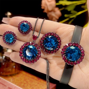 Premium Style Eco-friendly Copper Gold Plated 16-10MM Blue Zircon Pendant <b>Earrings</b> Ring Fine Jewelry Sets 4 Pice for Women - Product Image 3