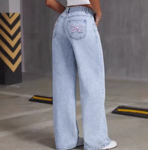 <span class=keywords><strong>Jean</strong></span> droit <span class=keywords><strong>taille</strong></span> haute ample pour femme avec strass, grande <span class=keywords><strong>taille</strong></span>, en denim respirant polyester/coton - Product Image 5